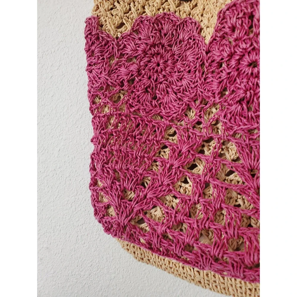 Fossil Straw Crochet Tote Shoulder‎ Bag Pink Beige Wood Beaded Boho Vacation